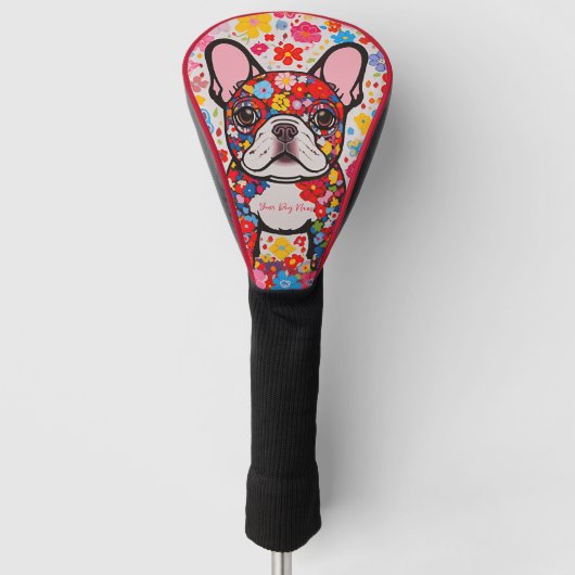 Franse Bulldog en Bloemen 001 - Kleerjuweel Golfheadcover (Voorkant)