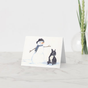 Franse Bulldog en Snowman Dog Art Notecard Feestdagen Kaart