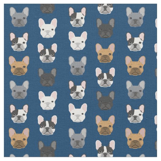 Franse Bulldog Faces Navy Blue Stof (Close Up)
