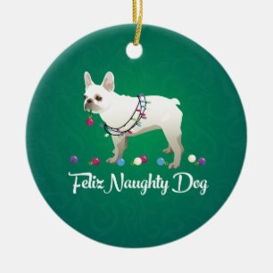 Franse Bulldog Feliz Naughty Dog Kerstmis Keramisch Ornament