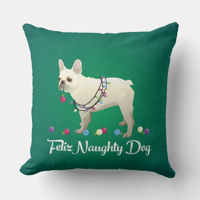 Franse Bulldog Feliz Naughty Dog Kerstmis Kussen (Voorkant)
