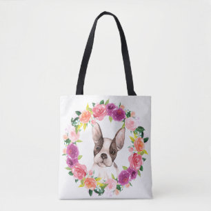 Franse Bulldog, Floral Wreath Canvas tas