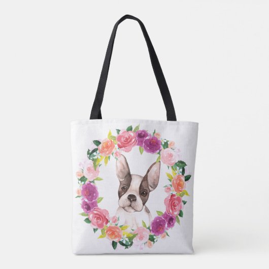 Franse Bulldog, Floral Wreath Canvas tas (Achterkant)