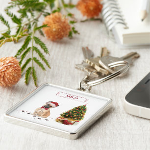 Franse Bulldog Funny kersthond met boom Sleutelhanger