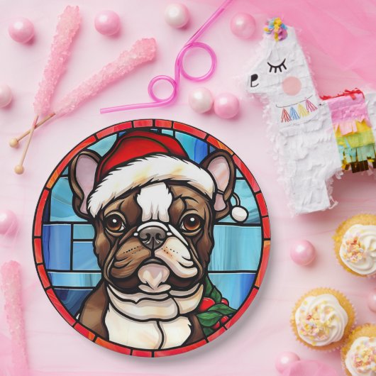 Franse Bulldog Glas in lood Kerstmis Papieren Bordje (Feest)