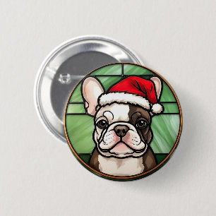 Franse Bulldog Glas in lood Kerstmis Ronde Button 5,7 Cm