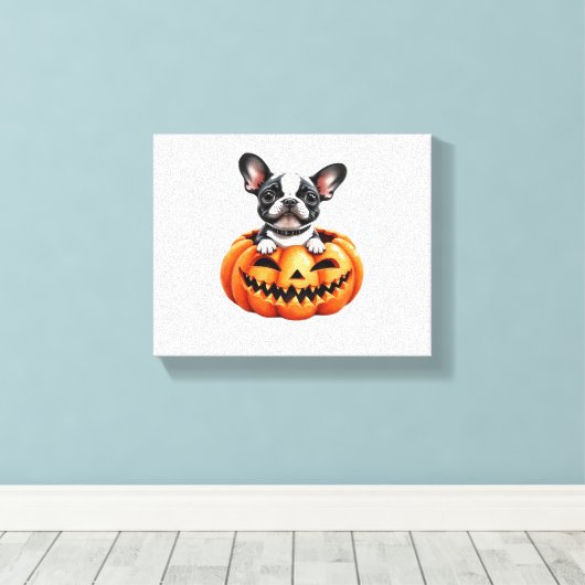 Franse Bulldog Happy Halloween pompoen Classic T-S Canvas Afdruk (Insitu (Houten vloer))