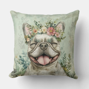 Franse Bulldog Hondenliefhebber Groene Bloemen Kussen