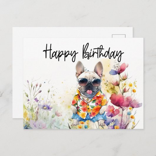 Franse Bulldog in Bloemenveld Verjaardag Briefkaart (Voorkant / Achterkant)