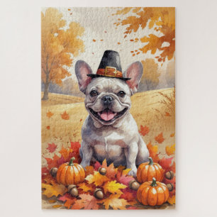 Franse Bulldog in Herfstbladeren Thanksgiving Kuns Legpuzzel