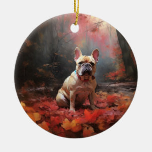 Franse Bulldog in herfstbladeren val inspireert Keramisch Ornament