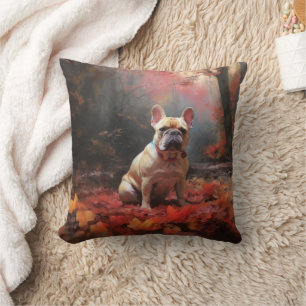 Franse Bulldog in herfstbladeren val inspireert Kussen