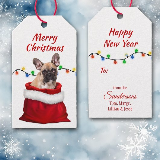 Franse Bulldog in Santa Bag Gift Labels Cadeaulabel