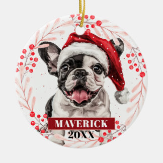 Franse Bulldog in Santa Hat Kerstversiering Keramisch Ornament