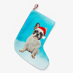 Franse Bulldog in Sneeuw Kerstmis Santa Hat Kleine Kerstsok