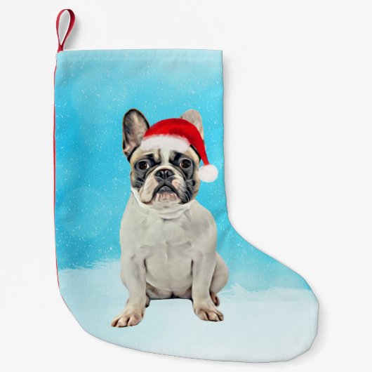 Franse Bulldog in Sneeuw Kerstmis Santa Hat Kleine Kerstsok (Voorkant)