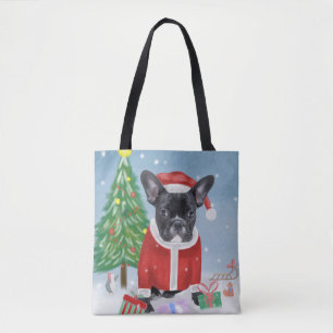 Franse Bulldog in sneeuw met kerstcadeaus Draagtas