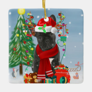 Franse Bulldog in sneeuw met kerstcadeaus Keramisch Ornament