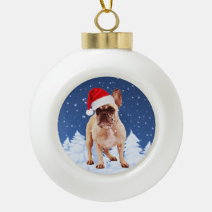 Franse Bulldog in Sneeuwkerstmis met Santa Hat Keramische Bal Ornament