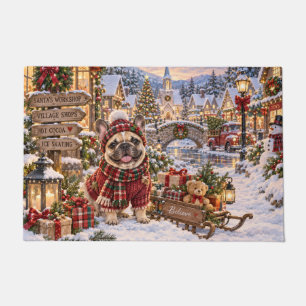 Franse Bulldog Kerst Sneeuw Dorp Schilderij Deurmat