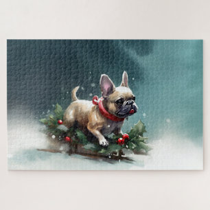 Franse Bulldog Kerstmis sneeuw winter Legpuzzel