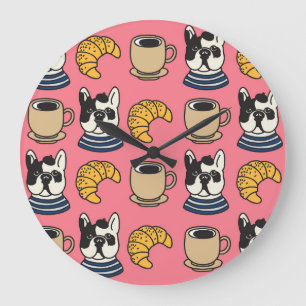 Franse bulldog, koffie, croissant thema. grote klok