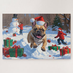 Franse Bulldog loopt in de sneeuw met kerstmuts Legpuzzel