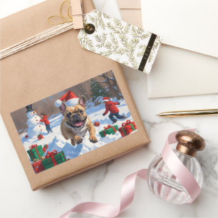 Franse Bulldog loopt in de sneeuw met kerstmuts Rechthoekige Sticker