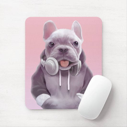 Franse Bulldog met hoofdtelefoon Illustratie Muismat (Met muis)