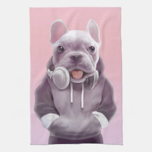 Franse Bulldog met hoofdtelefoon Illustratie Theedoek