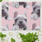 Franse Bulldog met hoofdtelefoon Illustratie Theedoek (Gevouwen)