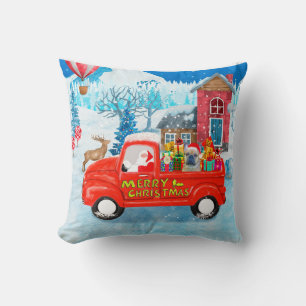 Franse Bulldog met kerstcadeau vrachtwagen sneeuw Kussen