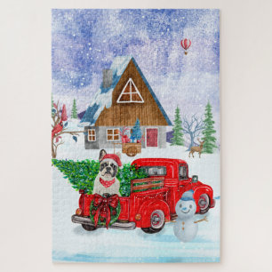 Franse Bulldog met kerstcadeau vrachtwagen sneeuw Legpuzzel