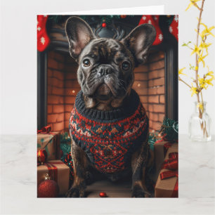 Franse Bulldog Met Kerstcadeaus Open Haard Kaart