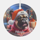 Franse Bulldog met kerstmuts Glas Ornament (Voorkant)