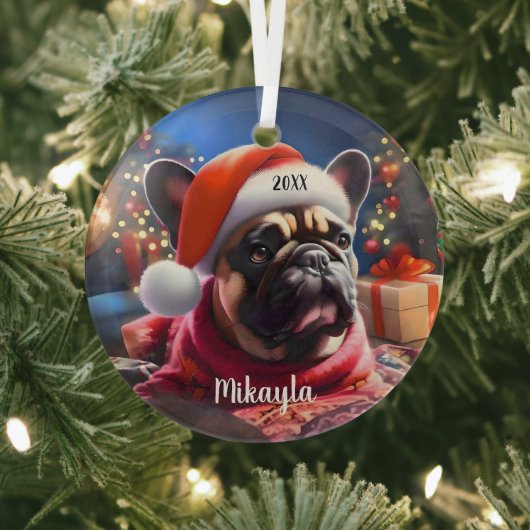 Franse Bulldog met kerstmuts Glas Ornament (Insitu)