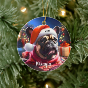 Franse Bulldog met kerstmuts Keramisch Ornament