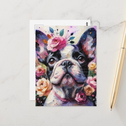Franse Bulldog met Rozen Impressionistisch schilde Briefkaart (Voorkant / Achterkant in situ)