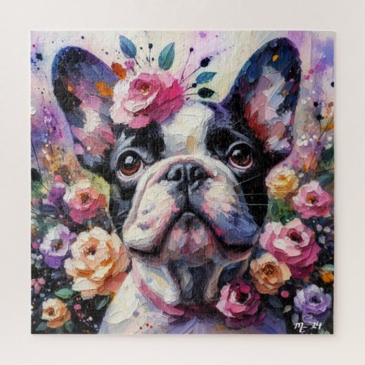 Franse Bulldog met Rozen Impressionistisch schilde Legpuzzel (Verticaal)