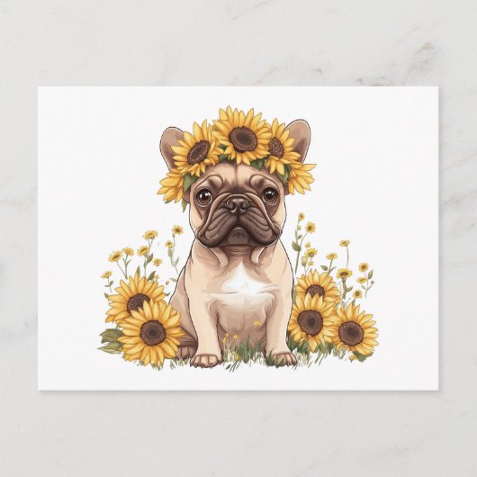 Franse Bulldog omringd door zonnebloemen Feestdagenkaart (Voorkant)