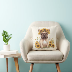 Franse Bulldog omringd door zonnebloemen Kussen