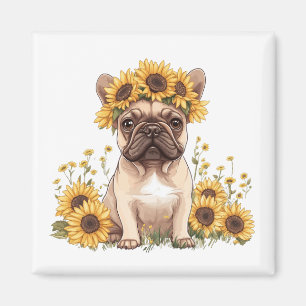Franse Bulldog omringd door zonnebloemen Magneet