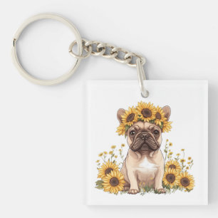 Franse Bulldog omringd door zonnebloemen Sleutelhanger