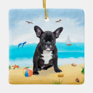 Franse Bulldog op Beach Keramisch Ornament