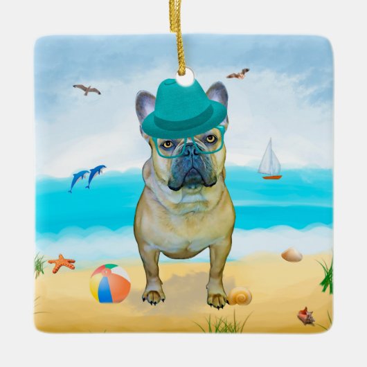 Franse Bulldog op Beach Keramisch Ornament (Voorkant)