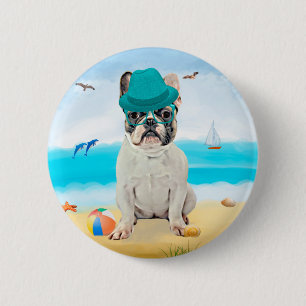 Franse Bulldog op Beach Ronde Button 5,7 Cm
