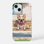 Franse Bulldog op een bankje iPhone 15 Hoesje (Achterkant)