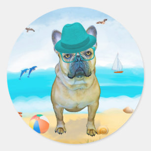 Franse Bulldog op het Strand Ronde Sticker