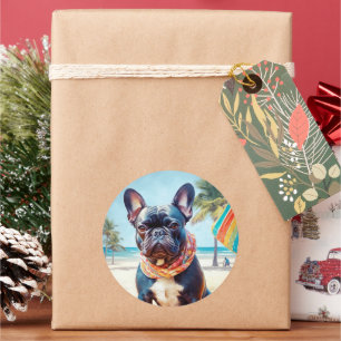 Franse Bulldog op het strand, zomer cadeau voor ho Ronde Sticker