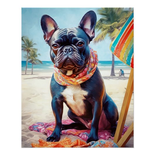 Franse Bulldog op het strand, zomercadeau voor hon Perfect Poster (Voorkant)